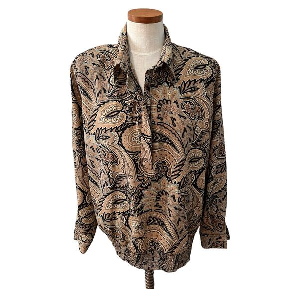 Vintage 80s Alfred Dunner Collared Pull on blouse Brown Black Print - Picture 1 of 6